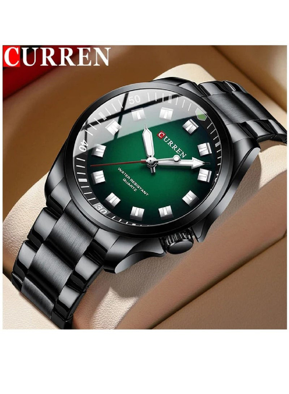 Curren Analog Watch for Men with Stainless Steel Band, Water Resistant, 8451, Black-Green
