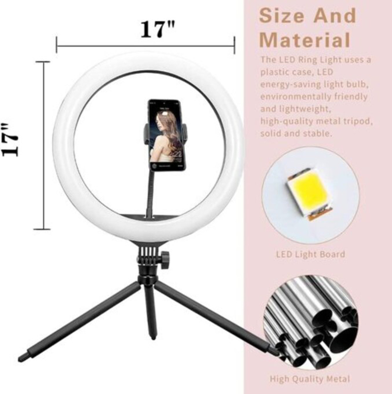 13'' Selfie Ring Light with Tripod Stand, Cell Phone Holder & Dimmable Light for iPhone/Android, Black