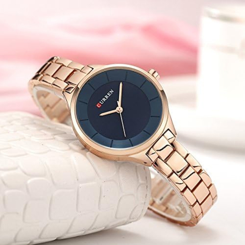 Curren Analog Watch for Women with Stainless Steel Band, Water Resistant, 9015, Gold-Blue