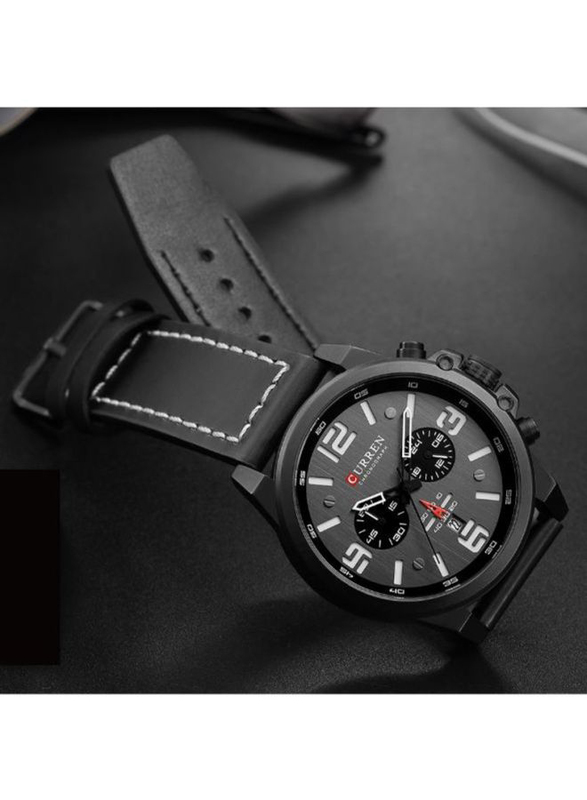 Curren Analog Watch for Men with Leather Band, Water Resistant and Chronograph, J4370-2-KM, Black