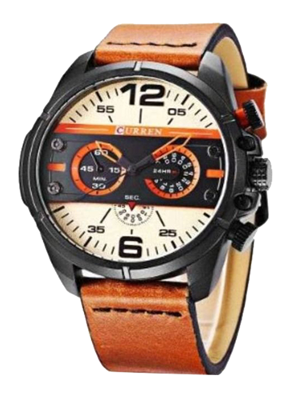 Curren Analog Watch for Men with Leather Band, Water Resistant and Chronograph, 8259, Brown-Multicolour