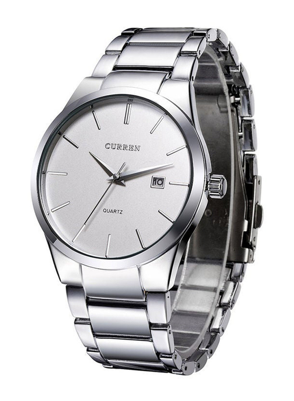 Curren Analog + Digital Watch for Men with Stainless Steel Band, Water Resistant, J0280SW-KM, Silver-White