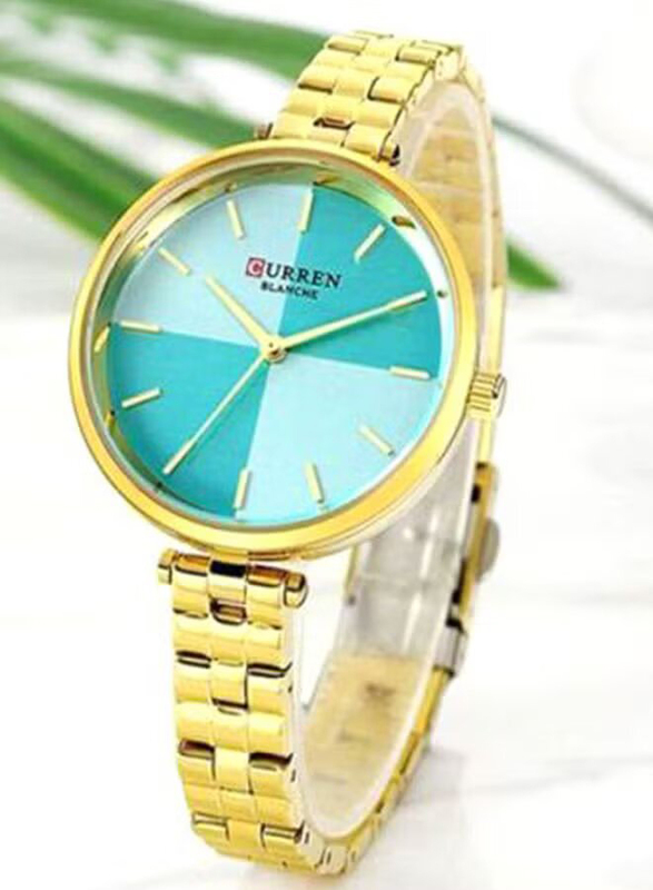 Curren Analog Watch for Women with Stainless Steel Band, Water Resistant, 9043GGR, Gold-Blue