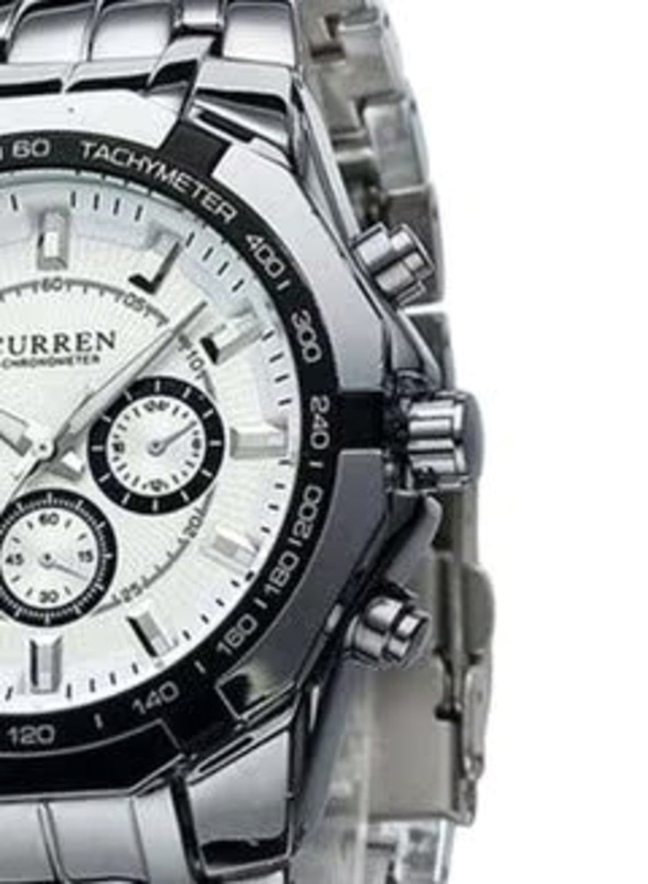 Curren Analog Watch for Men with Alloy Band, Water Resistant and Chronograph, 8084, White-Silver