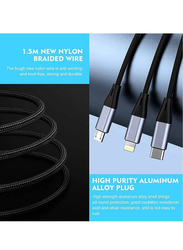 3-in-1 Nylon Braided Unbreakable Charger Cables, USB Type A to Multiple Types Ports Charging Cord, Black/Grey