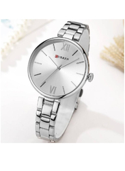 Curren Quartz Movement Analog Watch for Women with Stainless Steel Band, Water Resistant, White-Silver