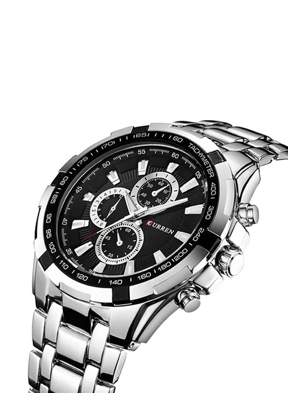 Curren Analog Watch for Men with Stainless Steel Band, Water Resistant and Chronograph, Silver-Black