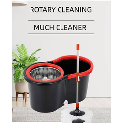 Spin Stainless Steel Handle Mop Bucket with Wringer Set & Floor Cleaning System Easy Wring Foot Pedal, Black/Red