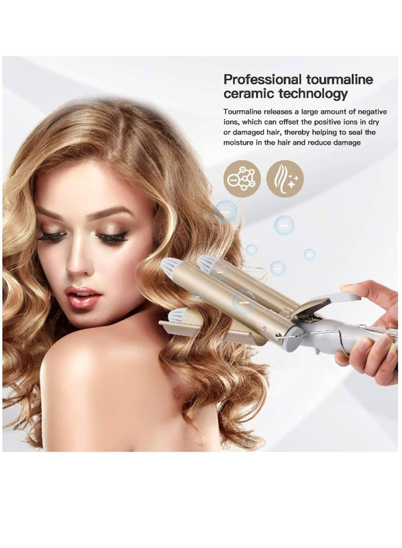 Rozia Professional 3-Barrel Curling Iron with 2-Speed Temperature Control, White/Gold