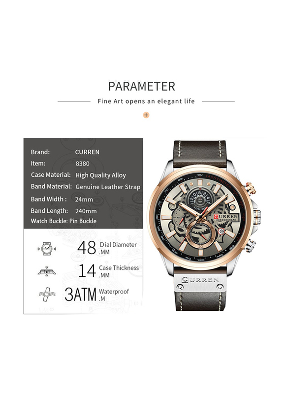 Curren Quartz Movement Analog Watch Unisex with Leather Band, Water Resistant & Chronograph, J4517RG-S-KM, Silver-Brown