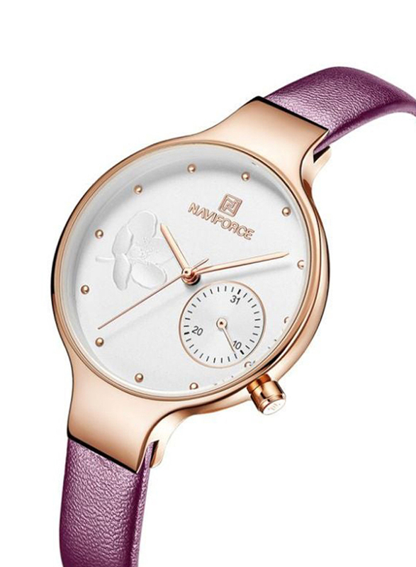 Naviforce Analog Watch for Women with Leather Band, Purple-White