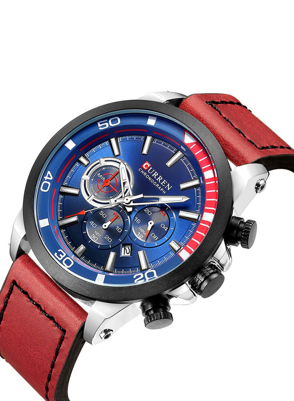 Curren Analog Watch for Men with Leather Genuine Band, Water Resistant and Chronograph, 8310, Red-Blue