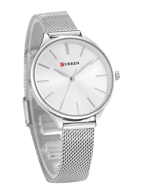 Curren Analog Wrist Watch for Women with Stainless Steel Band, Water Resistant, WT-CU-9024-SL#D1, Silver