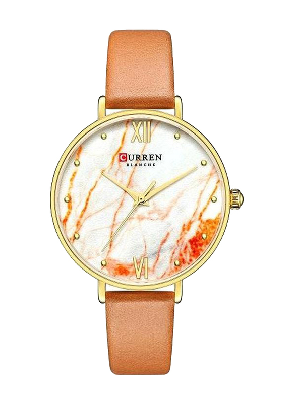 Curren Analog Watch for Girls with Leather Band, Water Resistant, C9045L-2, Brown-White/Orange