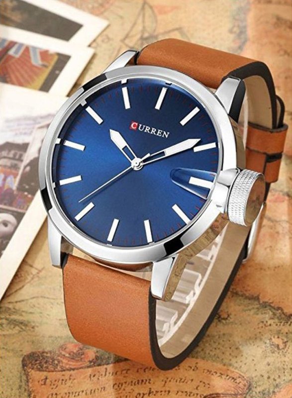 Curren Analog Watch for Men with Leather Band, Water Resistant, 8208, Brown-Blue