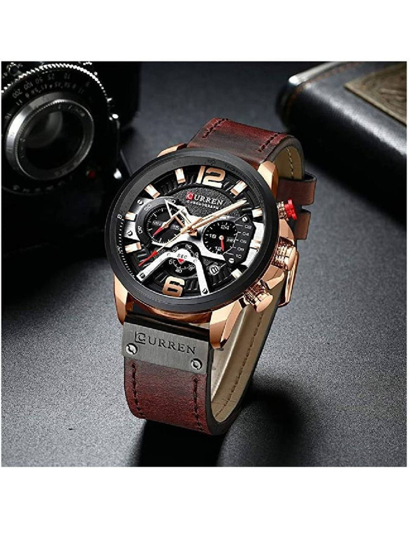 Curren Analog Watch for Men with Leather Band, Water Resistant and Chronography, N908388883A, Brown-Black