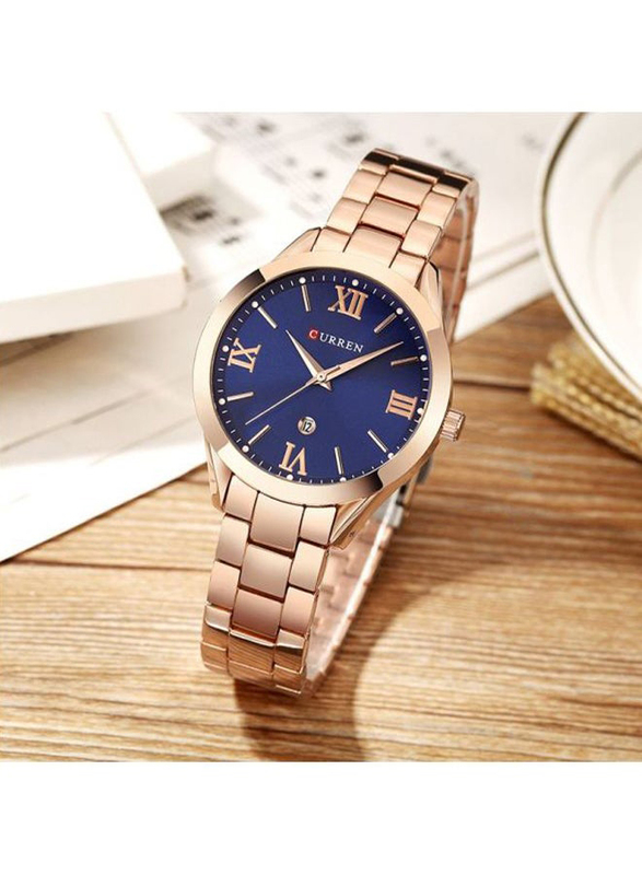 Curren Analog Watch for Women with Stainless Steel Band, Water Resistant, WT-CU-9007-RGO2#D4, Blue-Rose Gold