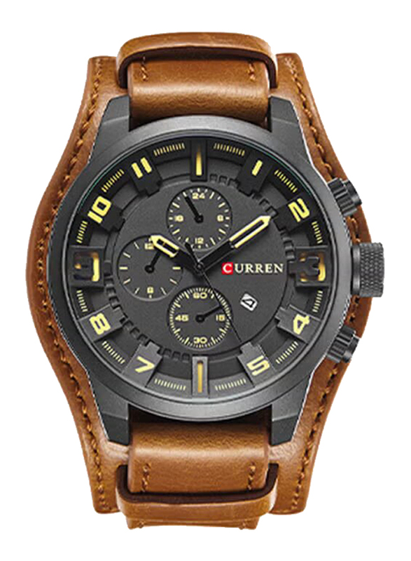 Curren Analog Watch for Men with Leather Band, J3745BCA-KM, Brown-Black
