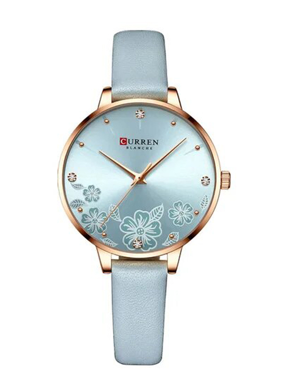 Curren Analog Watch for Women with Leather Band, Blue-Gold