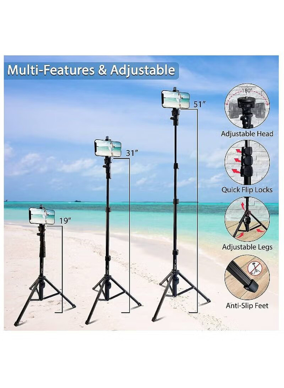 Universal All-In-One Professional Heavy Duty Aluminium Selfie Stick & Tripod Portable with Bluetooth Remote, Black