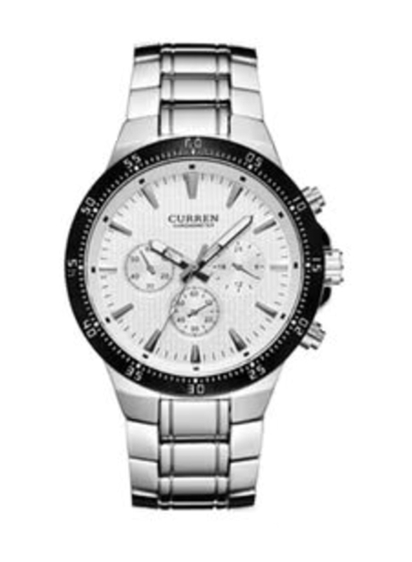 Curren Analog Watch for Men with Stainless Steel Band, Water Resistant and Chronograph, WT-CU-8063-W, White-Silver