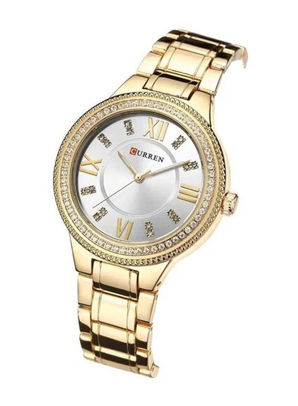 Curren Luxury Quartz Analog Watch for Women with Stainless Steel Band, Water Resistant, 9004, Gold-White