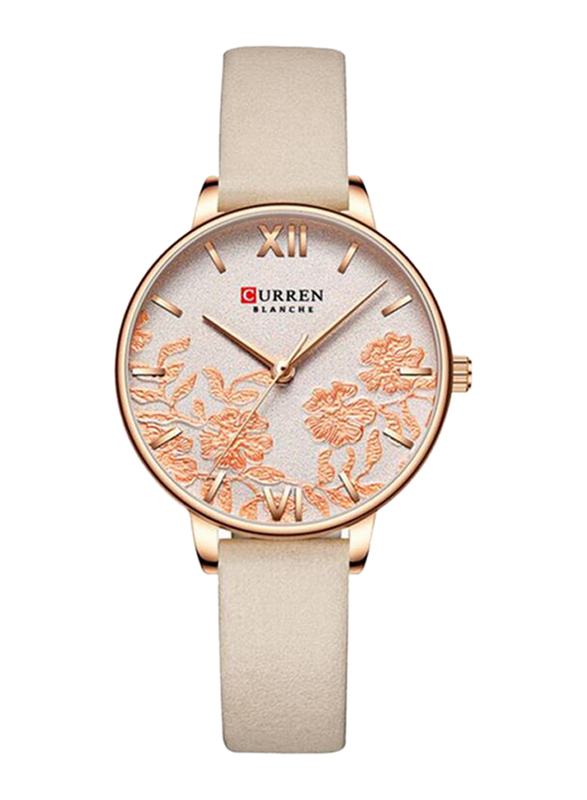 Curren Analog Watch for Women with Leather Band, Water Resistant, 9065, Beige-Pink
