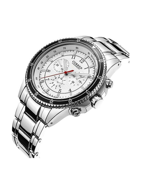 Curren Analog Watch for Men with Stainless Steel Band, Water Resistant and Chronograph, 8055, White-Silver