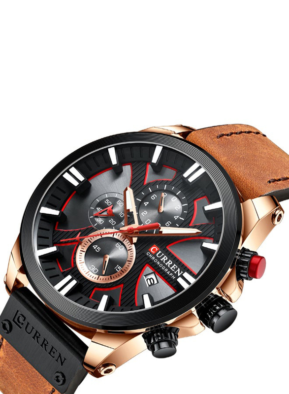 Curren Analog Watch for Men with Leather Band, Water Resistant and Chronography, J4115-3-KM, Brown-Black/Red