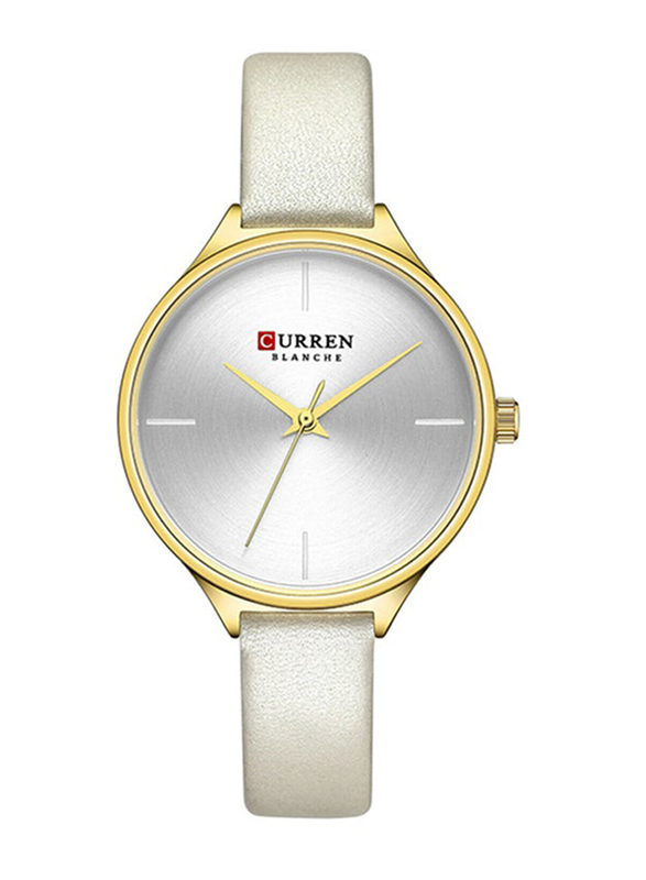 Curren Analog Watch for Women with Leather Band, Water Resistant, 9062A, White-Silver