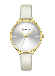 Curren Analog Watch for Women with Leather Band, Water Resistant, 9062A, White-Silver