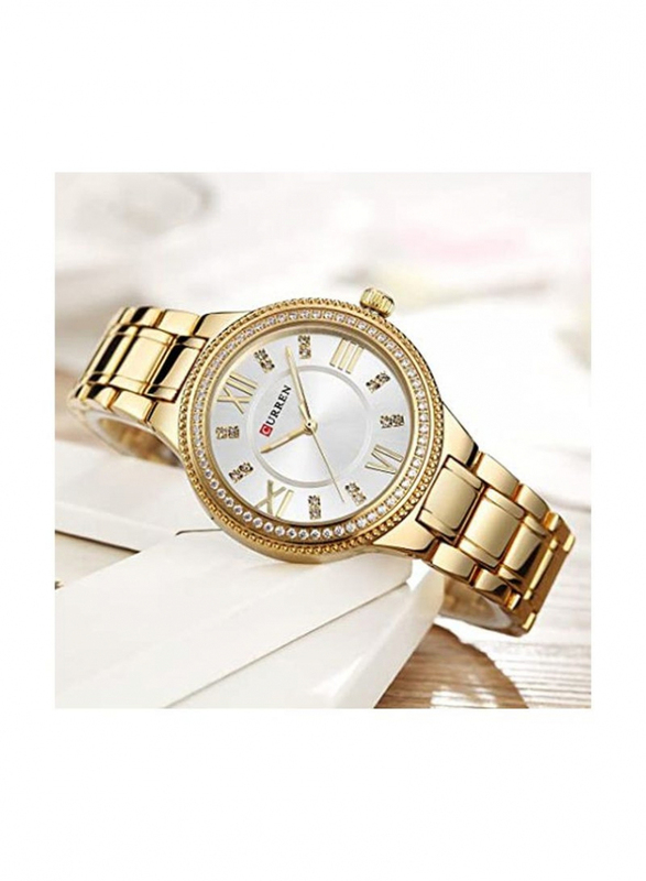 Curren Analog Watch for Women with Stainless Steel Band, Water Resistant, 9004, Gold-White