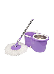 Modern Spin 360 Degree Spinning Mop Bucket Home Cleaner with Extended Easy Press Stainless Steel Handle & Easy Wring Dryer Basket, Purple/White
