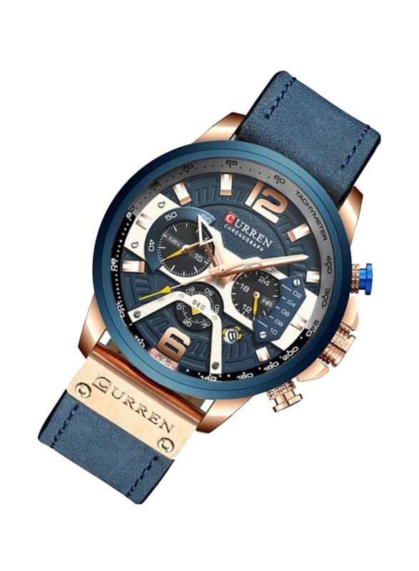 Curren Analog Wrist Watch for Men with Leather Band, Water Resistant and Chronograph, 8329, Blue