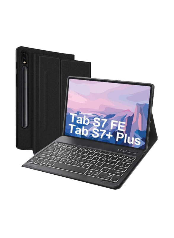 Bluetooth English Keyboard with Case Cover for Samsung Galaxy Tab S8 Plus/S7 FE/S7 Plus 12.4 inch, Black