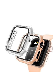 iWatch Protective PC Bling Cover Diamond Crystal Frame Case Cover for Apple Series 7 41mm, 2 Pieces, Silver/Rose Gold