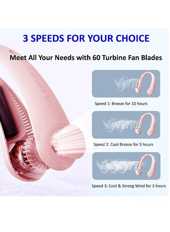 Portable USB Rechargeable Hands Free Bladeless 360° Cooling Headphone Design Neck Fan with 3 Wind Speed for Outdoor & Indoor, Pink