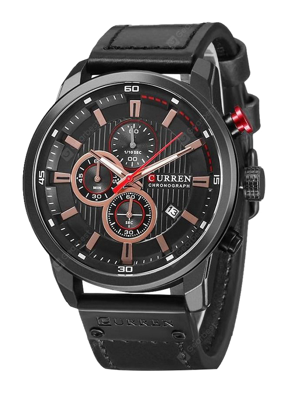 Curren Analog Watch for Men with Leather Band, Water Resistant and Chronograph, 8291, Black