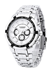 Curren Analog Watch for Men with Stainless Steel Band, Water Resistant and Chronograph, 8084, Silver-White