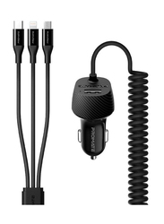 Ultra-Fast Car Charger with 3 in 1 Cable and One USB Port, Black