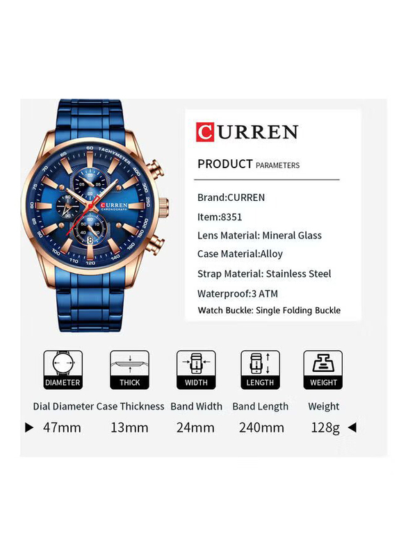 Curren Analog Watch for Men with Alloy Band, Water Resistant and Chronograph, J4516S-BL-KM, Silver-Blue