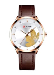 Curren Analog Watch for Girls with Leather Band, Water Resistant, 9048, Silver/Yellow-Brown