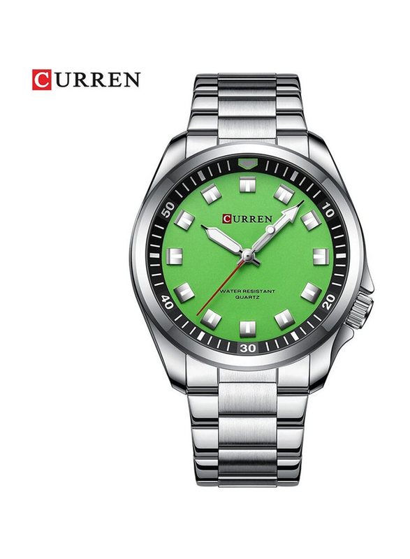 Curren Analog Watch for Men with Stainless Steel Band, Water Resistant, 8451, Silver-Green