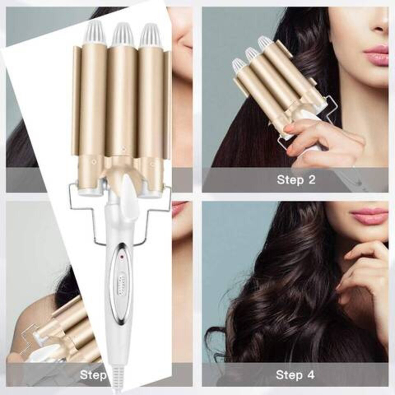 Arabest Electric Ceramic 3 Barrel Big Wave Professional Hair Curling Iron Styling Tool with Temperature Indicator & Dual Voltage, Gold