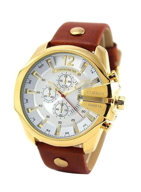 Curren Analog Watch for Men with Leather Band, Water Resistant and Chronography, WT-CU-8176-GO#D3, Brown-White