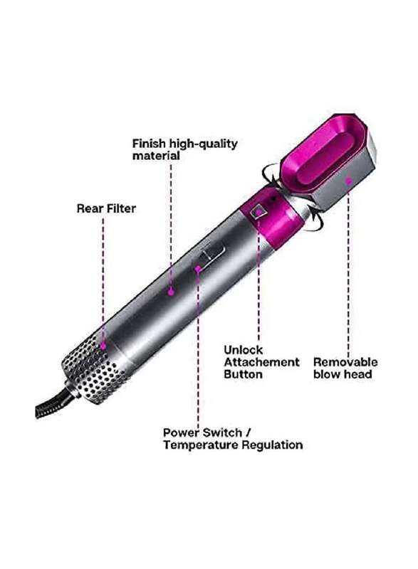 Xiuwoo 5-In-1 Negative Ionic Hot Air Styler Hair Curler Straightener Brush & Styler Hair Dryer Comb for Curly Hair, Silver/Pink