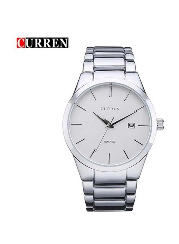 Curren Analog Watch for Men with Stainless Steel Band, Water Resistant, WT-CU-8106-SW, Silver-White