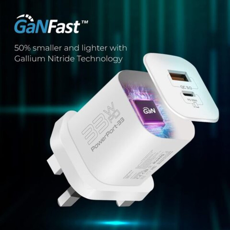 Promate Ultra-Compact 33W Gan USB-C Charger with Fast 22.5W Qc 3.0 Charging Port, White