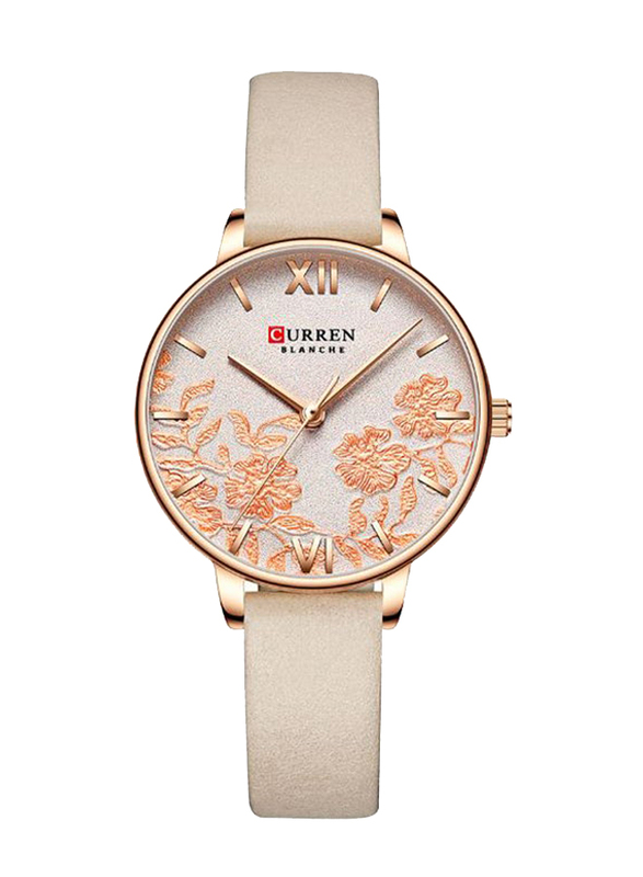 Curren Analog Watch for Women with Leather Band, Water Resistant, J4272BE-KM, Beige-Beige
