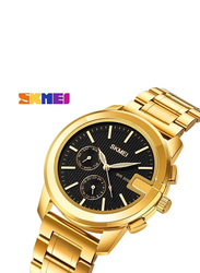 SKMEI Analog Watch for Men with Stainless Steel Band, Water Resistant and Chronograph, Gold-Black